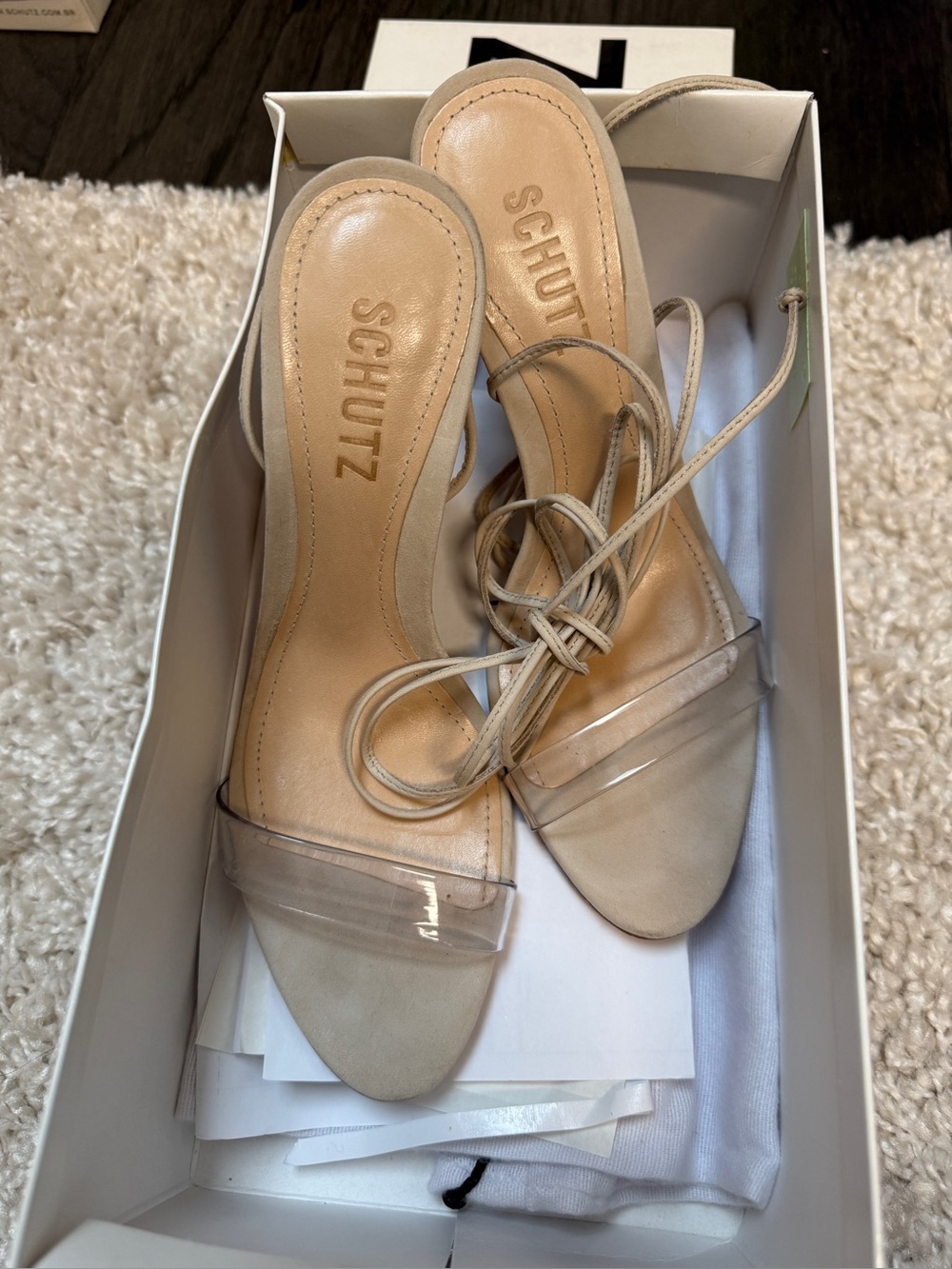 SCHUTZ Beige Lace-Up Heeled Sandals with Clear Strap